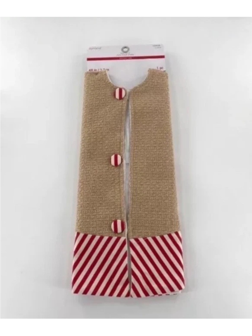 Christmas Tree Skirt 48”Burlap Jute Red White Stripe Buttons Rustic Farmhouse